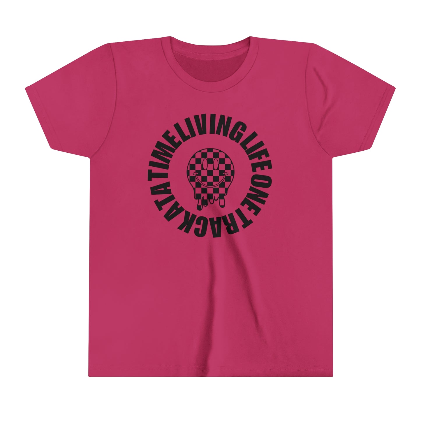 Living Life One Track At A Time Black Checkered Smiley -Youth Short Sleeve Tee