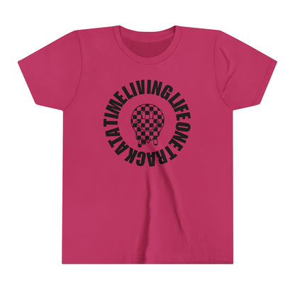 Living Life One Track At A Time Black Checkered Smiley -Youth Short Sleeve Tee
