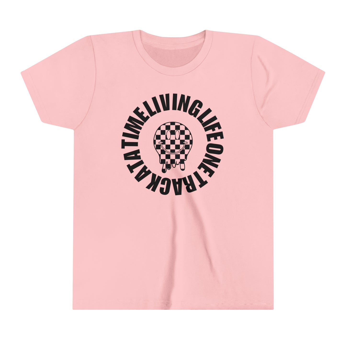 Living Life One Track At A Time Black Checkered Smiley -Youth Short Sleeve Tee