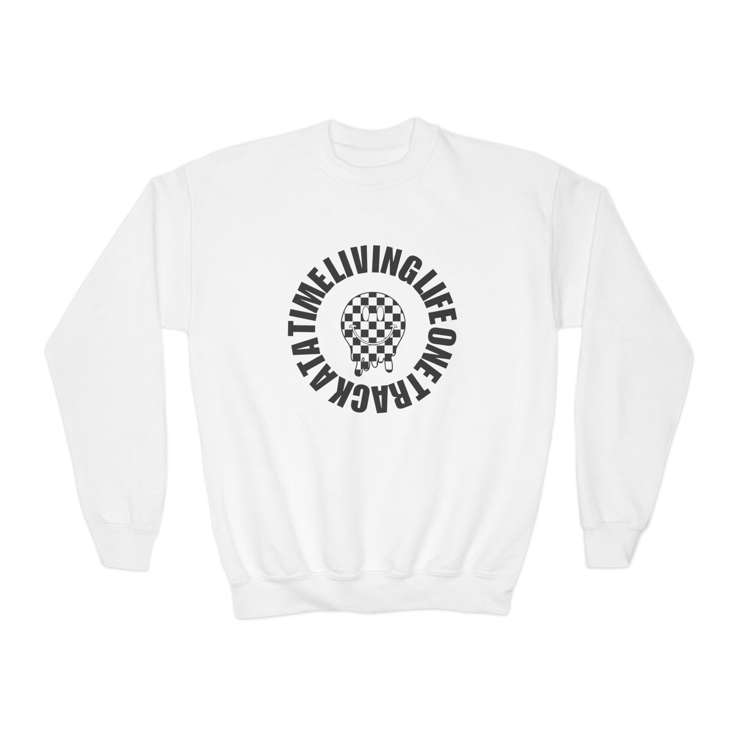 Living Life One Track At A Time Black Checkered Smiley - Youth Sweatshirt