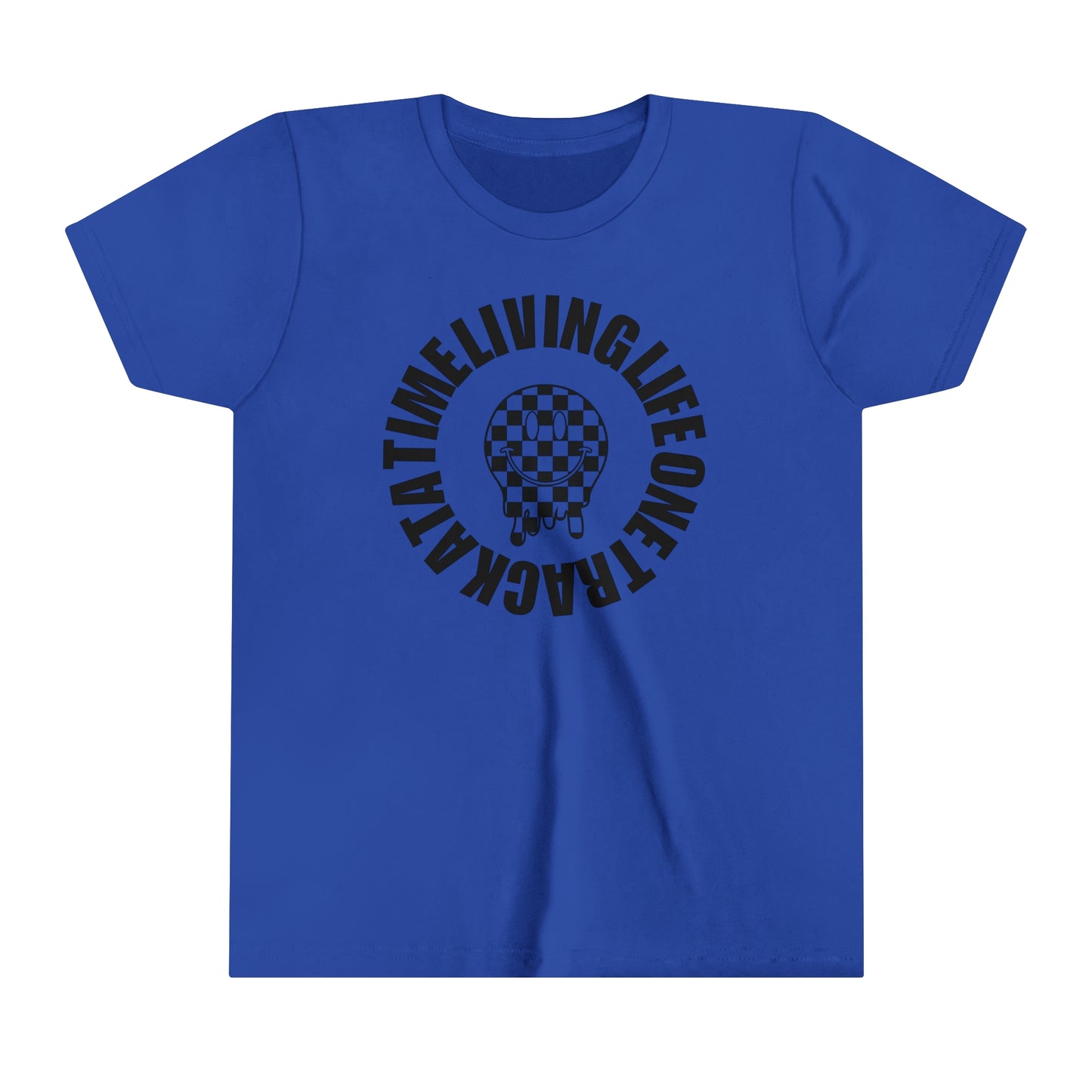 Living Life One Track At A Time Black Checkered Smiley -Youth Short Sleeve Tee
