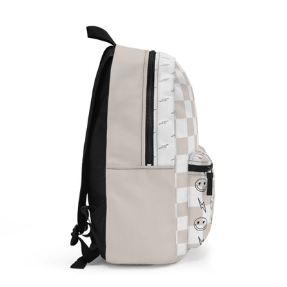 Tan & White Checkered Lightening Bolt Smiley Face - Backpack