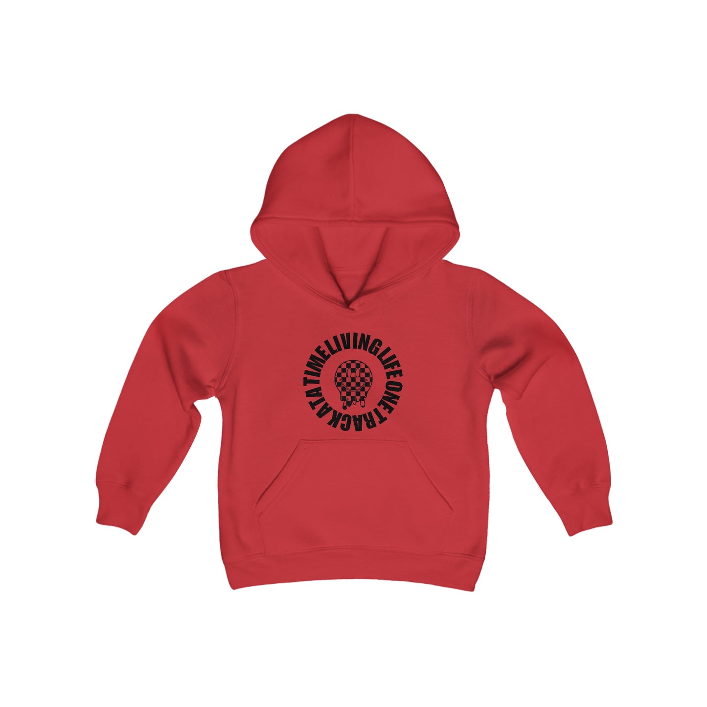 Living Life One Track At A Time Black Checkered Smiley - Youth Hooded Sweatshirt