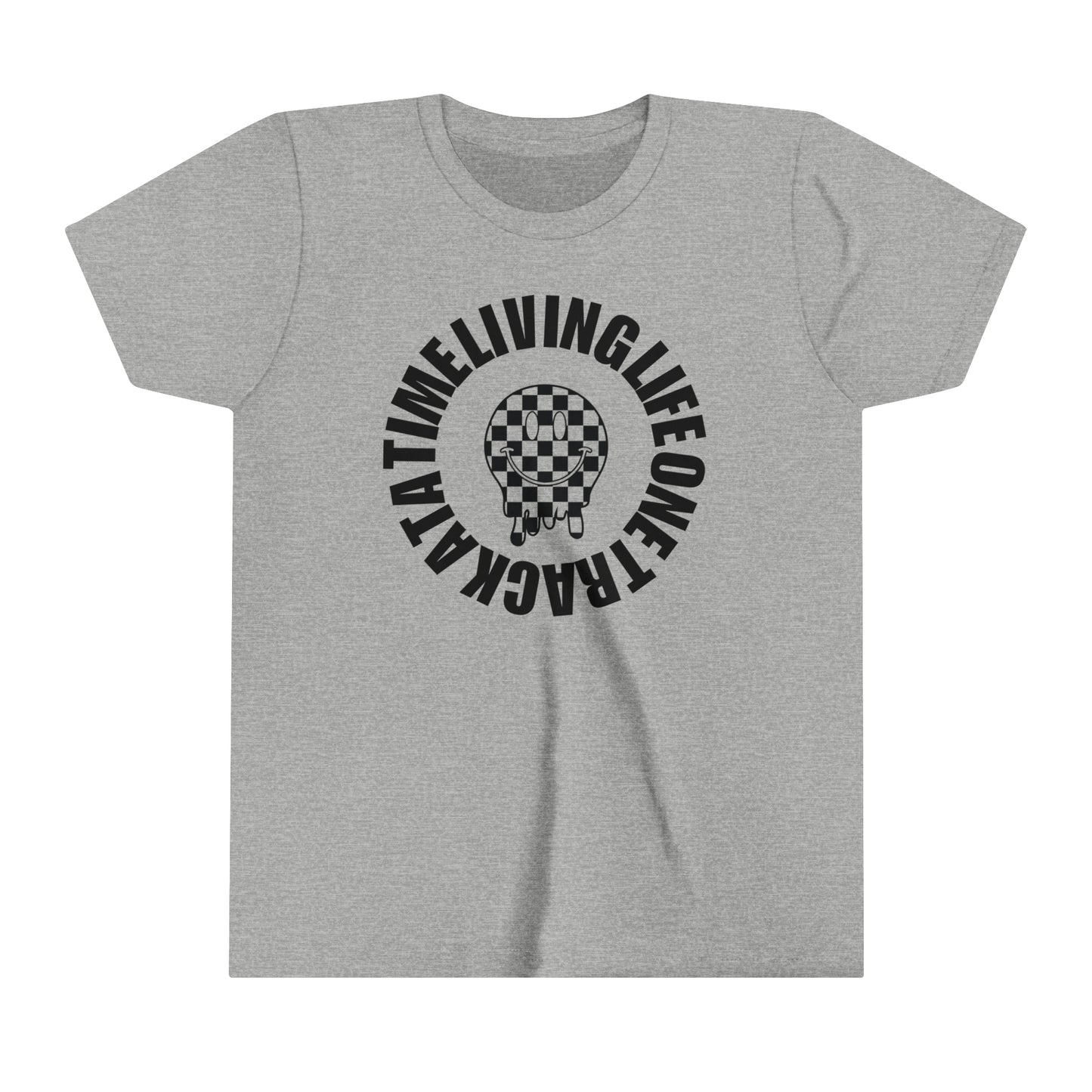 Living Life One Track At A Time Black Checkered Smiley -Youth Short Sleeve Tee