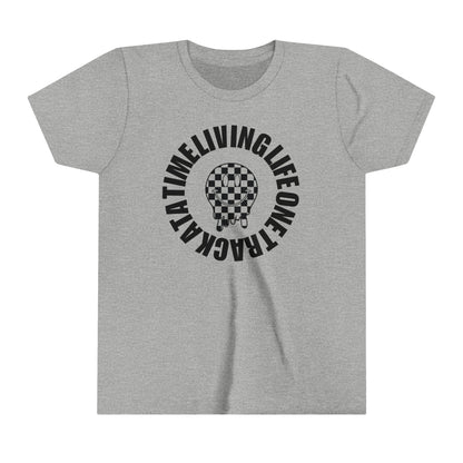 Living Life One Track At A Time Black Checkered Smiley -Youth Short Sleeve Tee