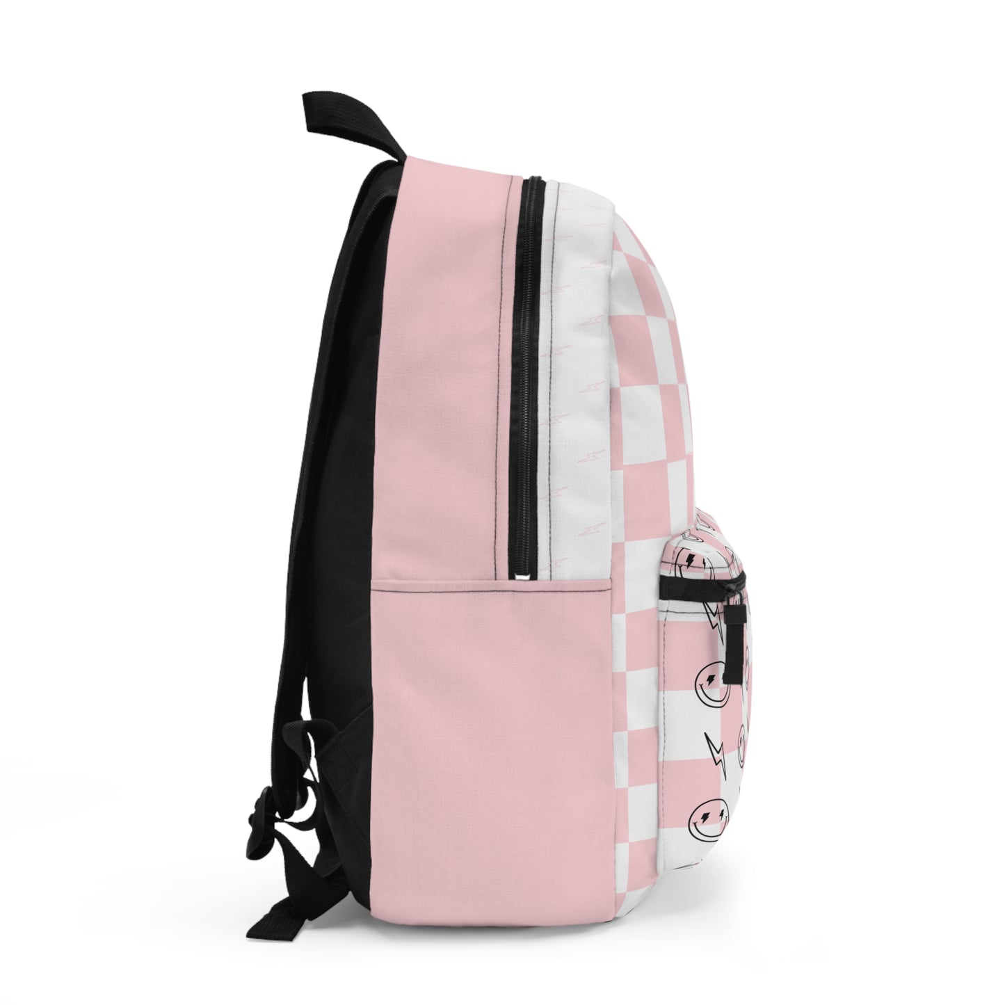 Pink & White Checkered Lightening Bolt Smiley Face - Backpack