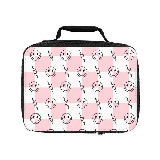Pink & White Checkered Smiley Bolt - Lunch Bag