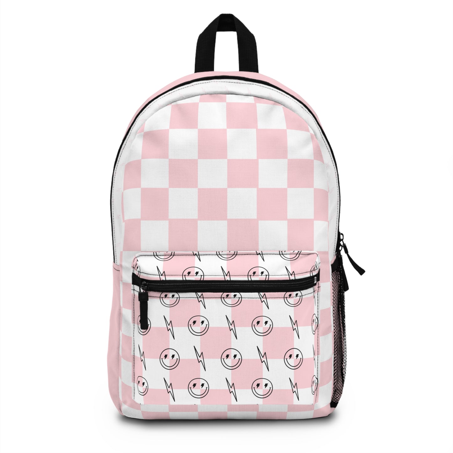 Pink & White Checkered Lightening Bolt Smiley Face - Backpack