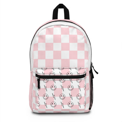 Pink & White Checkered Lightening Bolt Smiley Face - Backpack