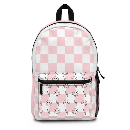 Pink & White Checkered Lightening Bolt Smiley Face - Backpack