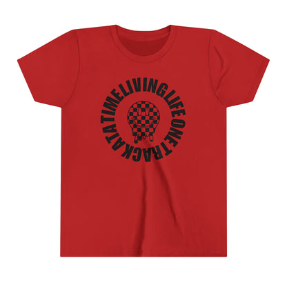 Living Life One Track At A Time Black Checkered Smiley -Youth Short Sleeve Tee