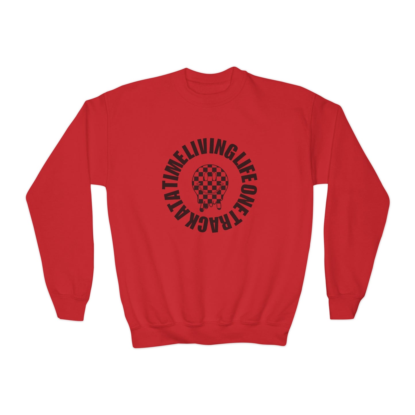 Living Life One Track At A Time Black Checkered Smiley - Youth Sweatshirt