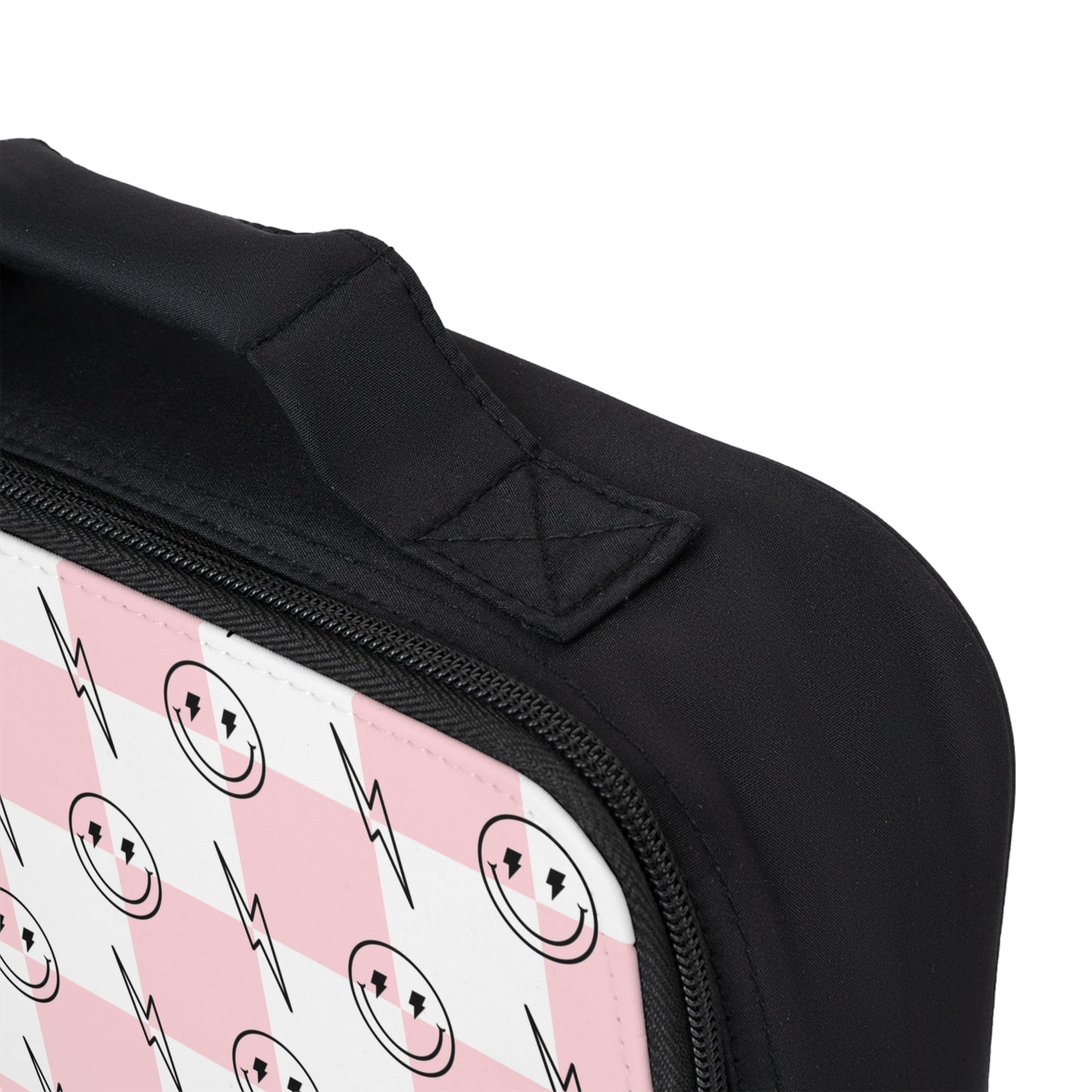 Pink & White Checkered Smiley Bolt - Lunch Bag