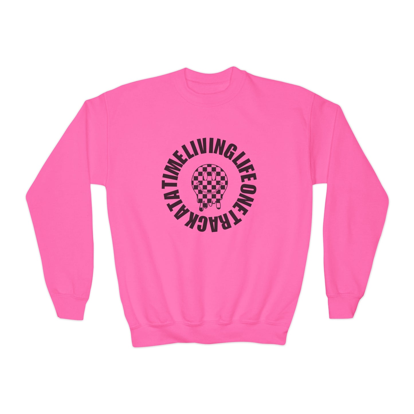 Living Life One Track At A Time Black Checkered Smiley - Youth Sweatshirt