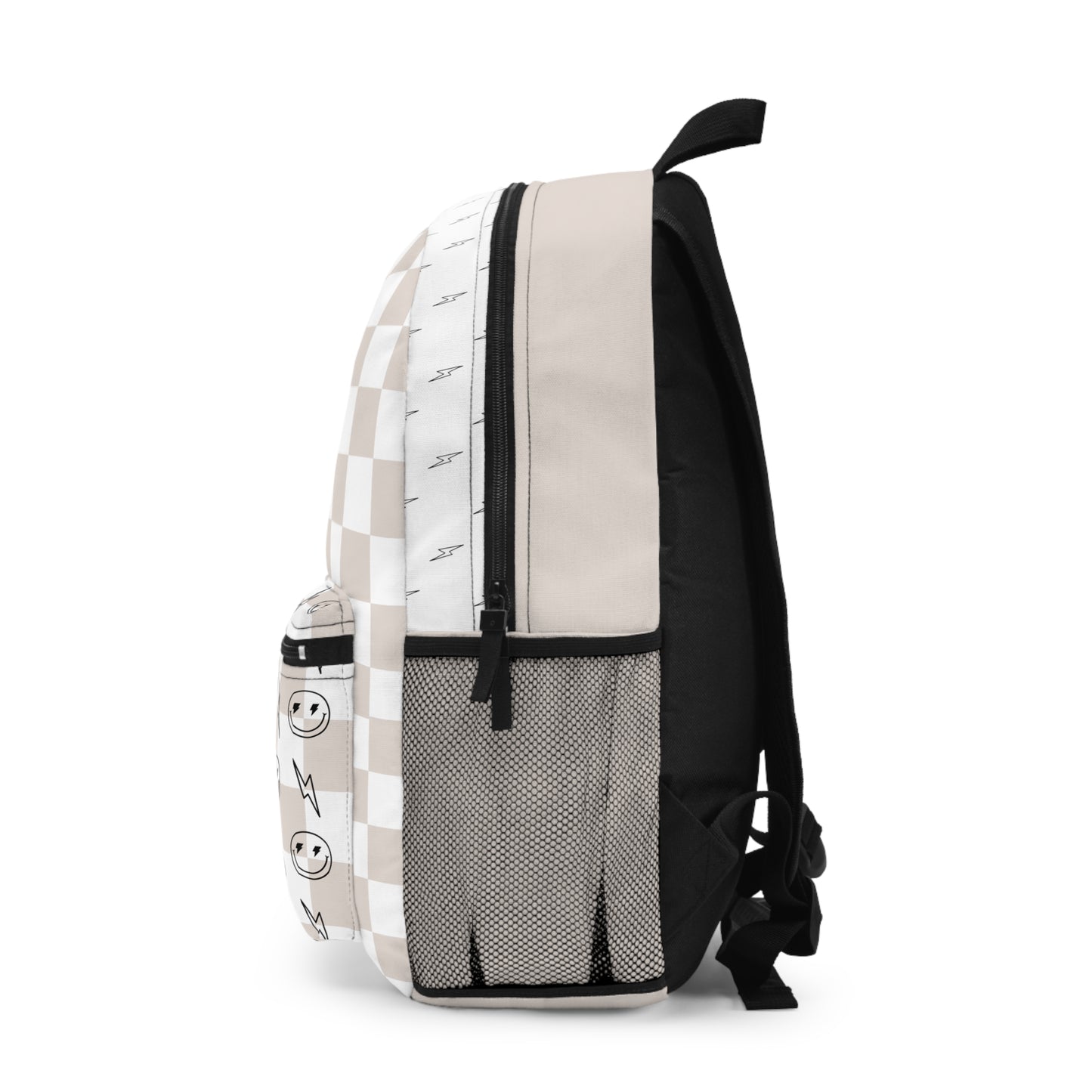 Tan & White Checkered Lightening Bolt Smiley Face - Backpack