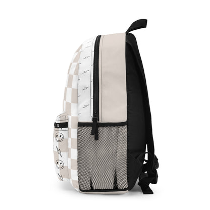 Tan & White Checkered Lightening Bolt Smiley Face - Backpack