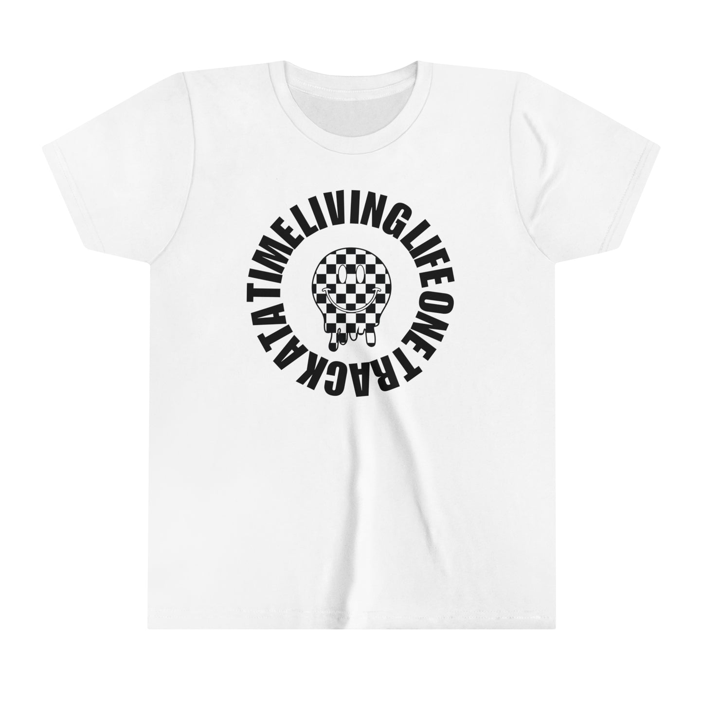 Living Life One Track At A Time Black Checkered Smiley -Youth Short Sleeve Tee