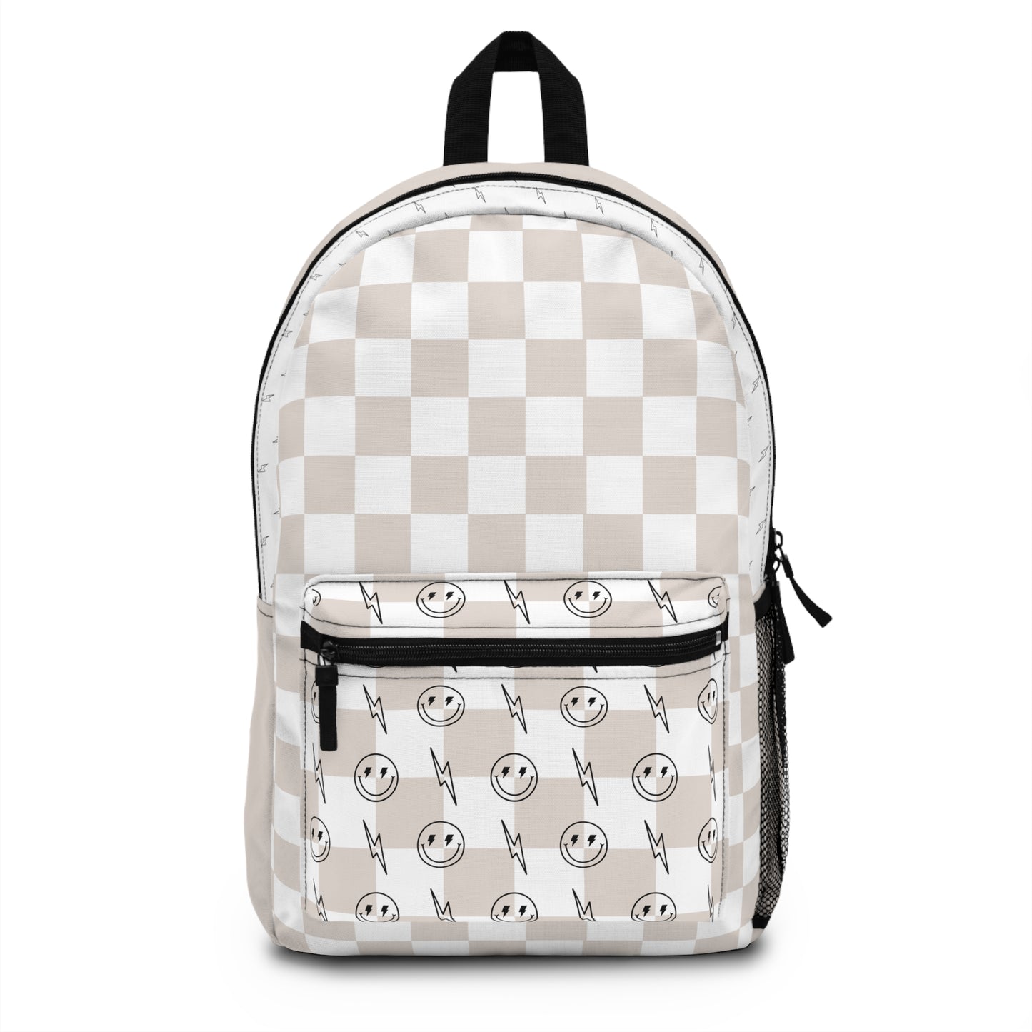 Tan & White Checkered Lightening Bolt Smiley Face - Backpack