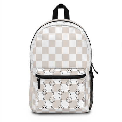 Tan & White Checkered Lightening Bolt Smiley Face - Backpack