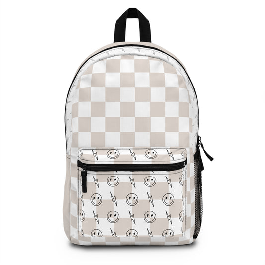 Tan & White Checkered Lightening Bolt Smiley Face - Backpack