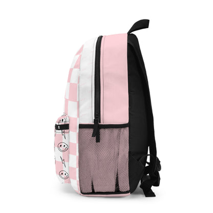 Pink & White Checkered Lightening Bolt Smiley Face - Backpack